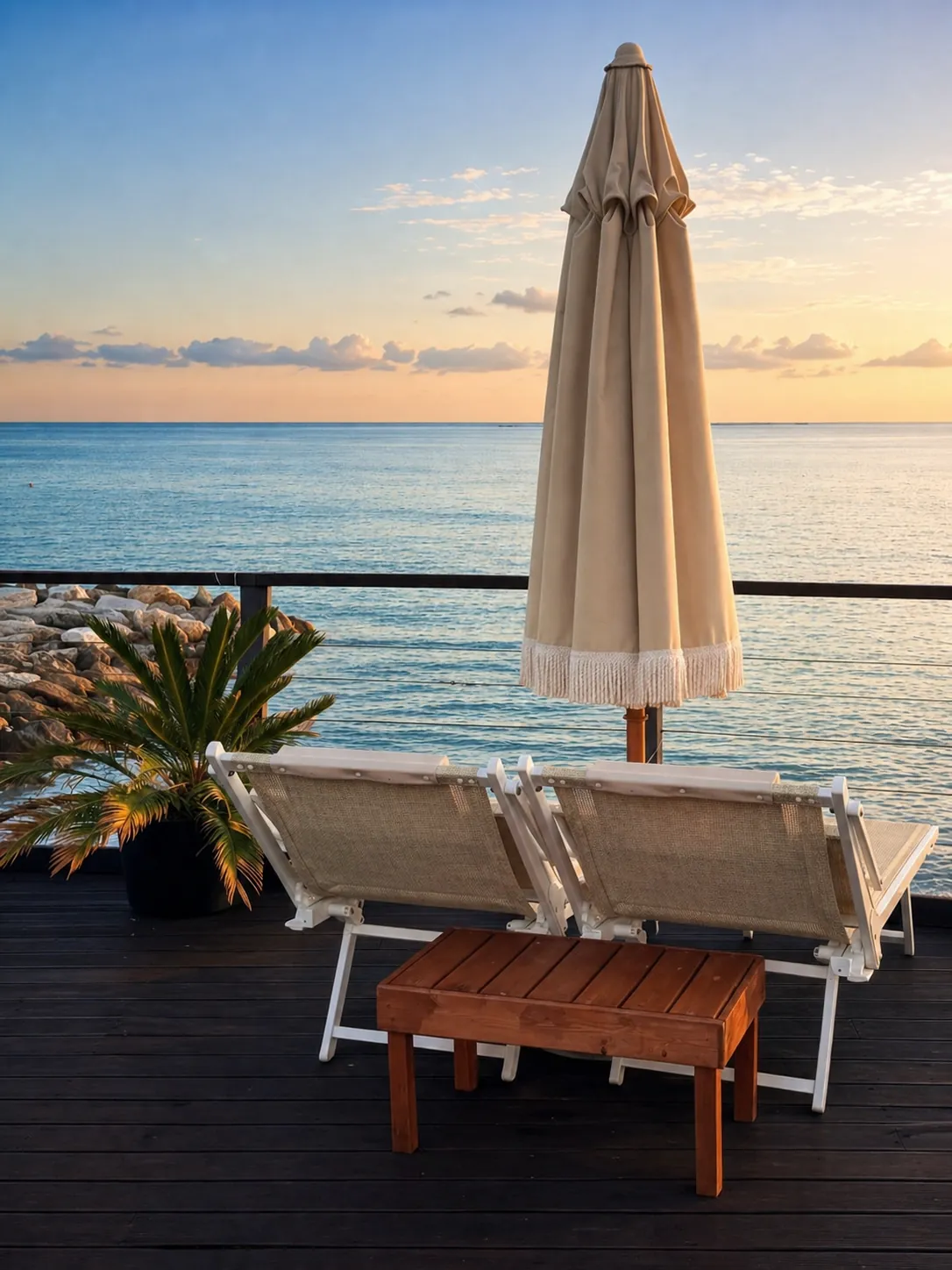 Lettini e ombrellone sulla terrazza fronte mare al tramonto