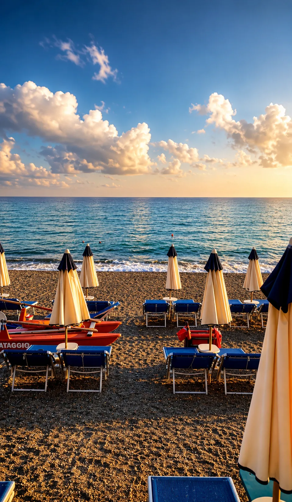 Lettini e ombrelloni affacciati sul mare al tramonto