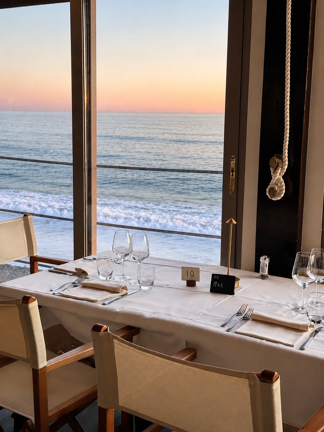 Tavolo al tramonto con vista mare dal ristorante Bagni Serenella