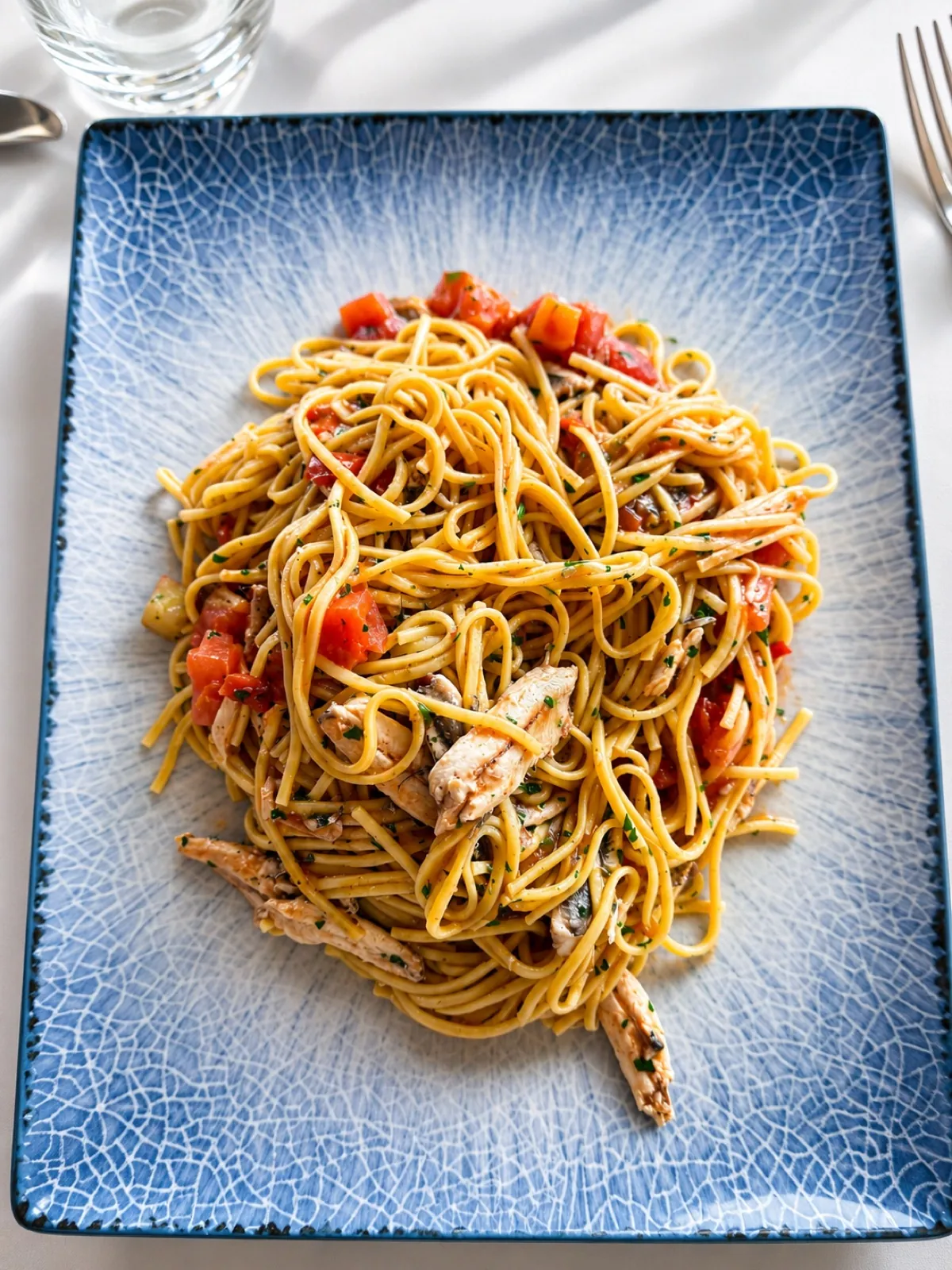 Linguine ai sapori di mare su piatto azzurro