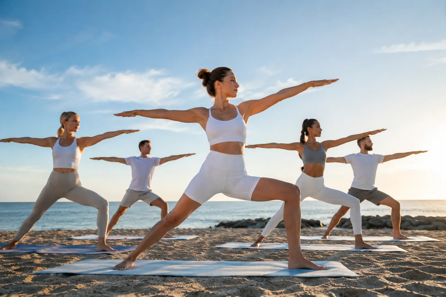 Lezione di yoga sulla spiaggia al tramonto